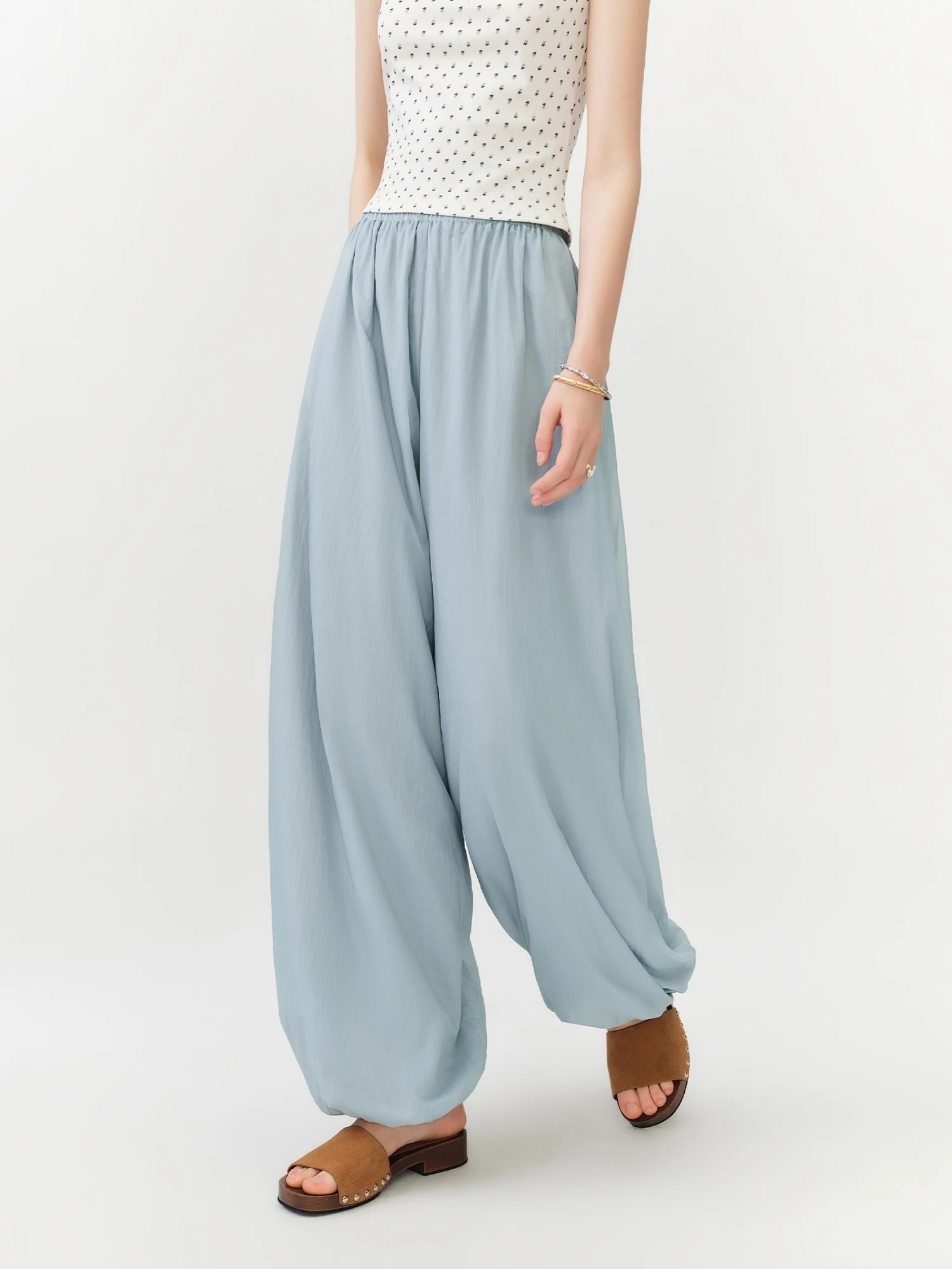 FSLE 2026 Summer Women Balloon Pants High Waist Elastic Waist Leg Culottes Loose Fit Tapered Cargo Joggers Vacation Boho Style