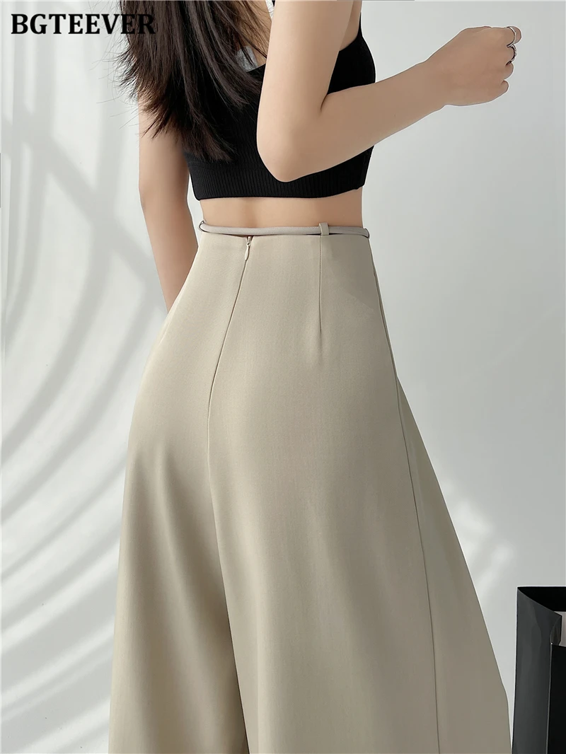 BGTEEVER Stylish Lace-up High Waist Floor-Length Suit Pants Women Spring Summer Loose Pockets Wide Leg Trousers Women