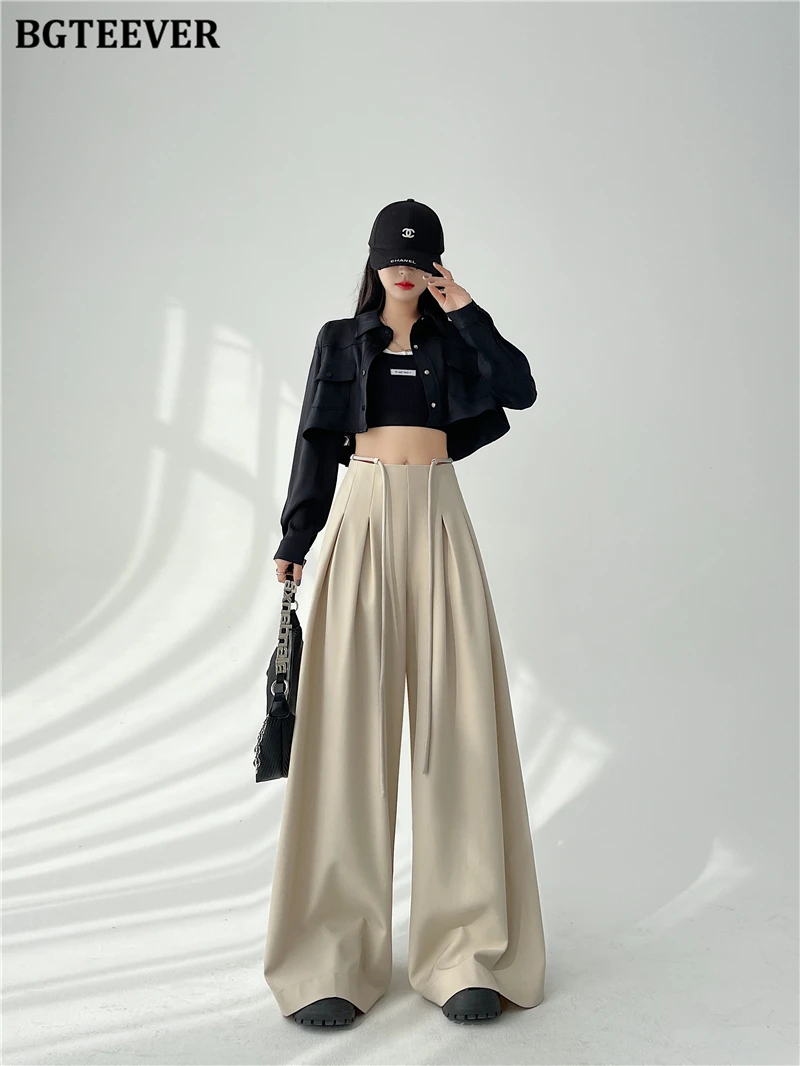 BGTEEVER Stylish Lace-up High Waist Floor-Length Suit Pants Women Spring Summer Loose Pockets Wide Leg Trousers Women