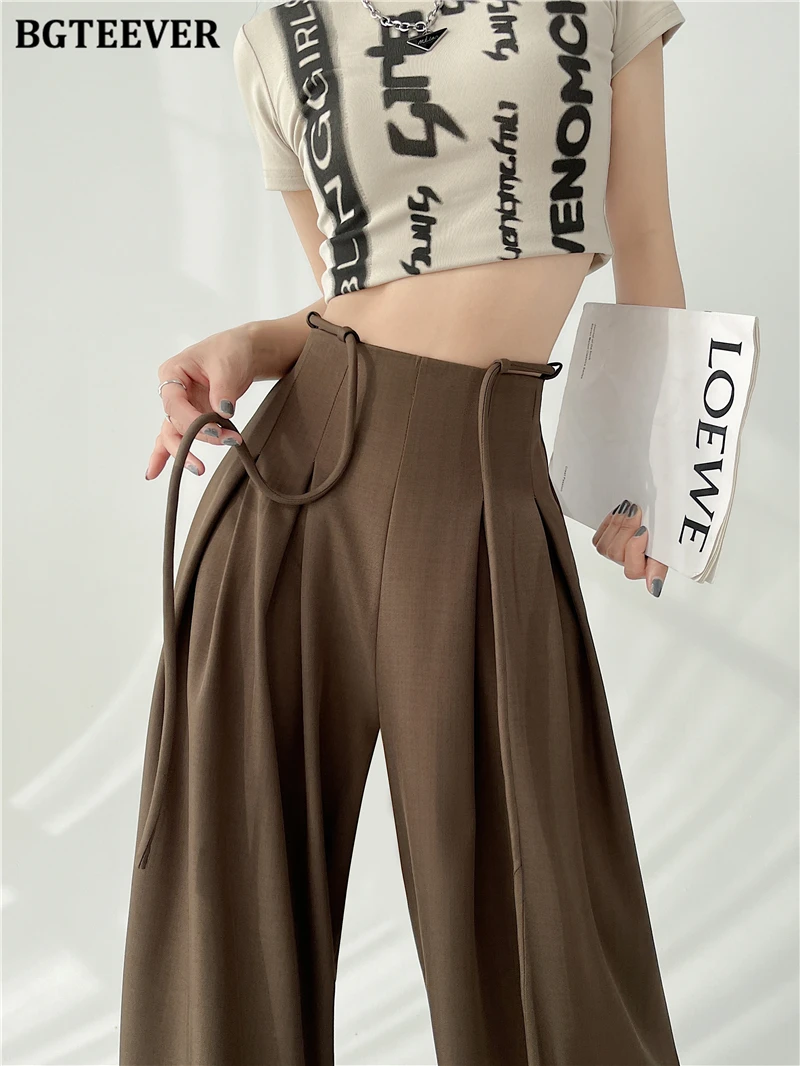 BGTEEVER Stylish Lace-up High Waist Floor-Length Suit Pants Women Spring Summer Loose Pockets Wide Leg Trousers Women