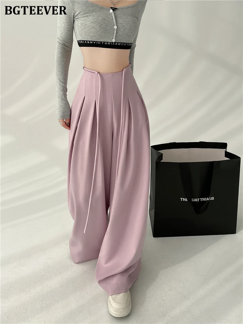 BGTEEVER Stylish Lace-up High Waist Floor-Length Suit Pants Women Spring Summer Loose Pockets Wide Leg Trousers Women