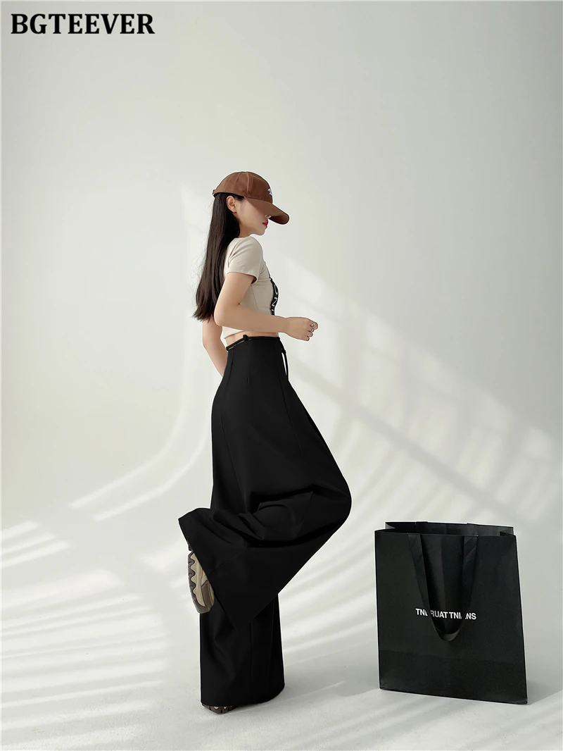 BGTEEVER Stylish Lace-up High Waist Floor-Length Suit Pants Women Spring Summer Loose Pockets Wide Leg Trousers Women