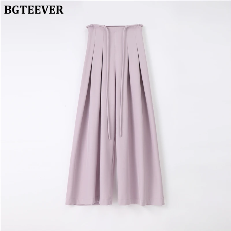 BGTEEVER Stylish Lace-up High Waist Floor-Length Suit Pants Women Spring Summer Loose Pockets Wide Leg Trousers Women