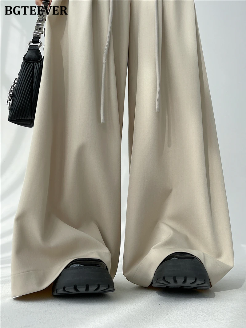 BGTEEVER Stylish Lace-up High Waist Floor-Length Suit Pants Women Spring Summer Loose Pockets Wide Leg Trousers Women