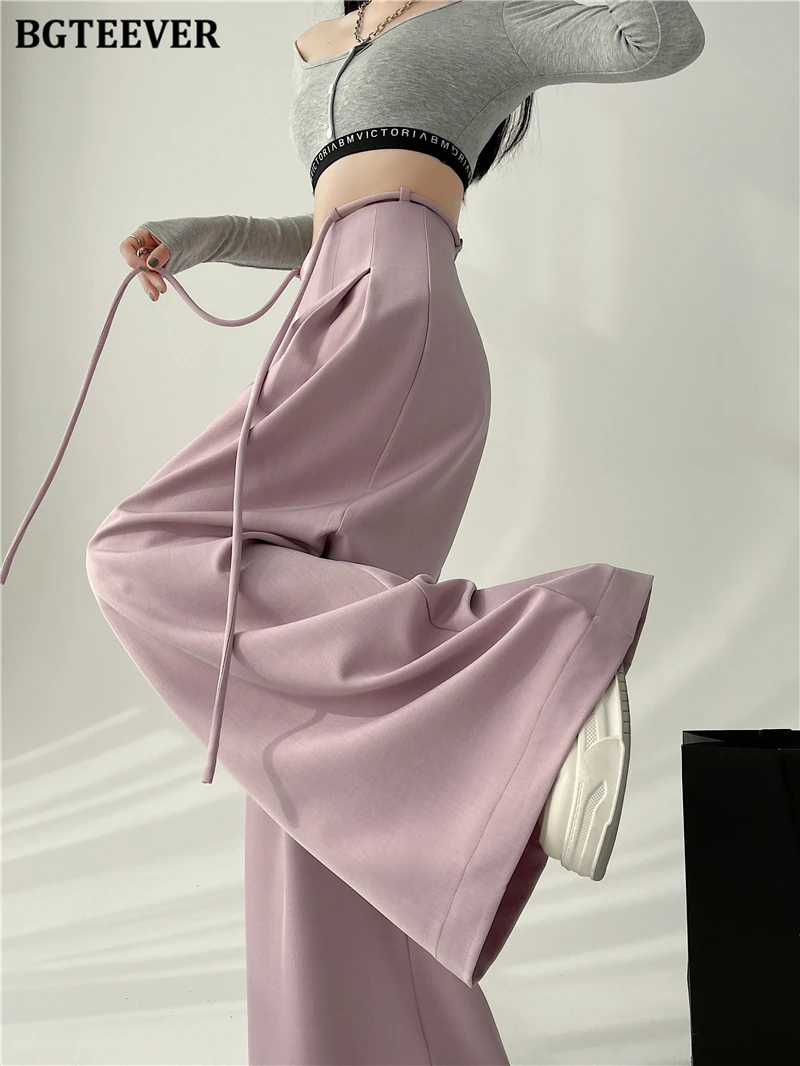 BGTEEVER Stylish Lace-up High Waist Floor-Length Suit Pants Women Spring Summer Loose Pockets Wide Leg Trousers Women