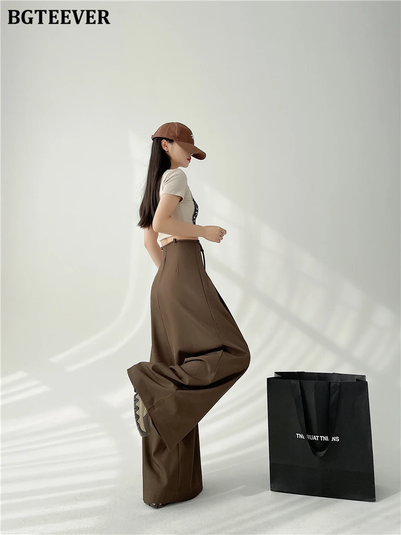BGTEEVER Stylish Lace-up High Waist Floor-Length Suit Pants Women Spring Summer Loose Pockets Wide Leg Trousers Women