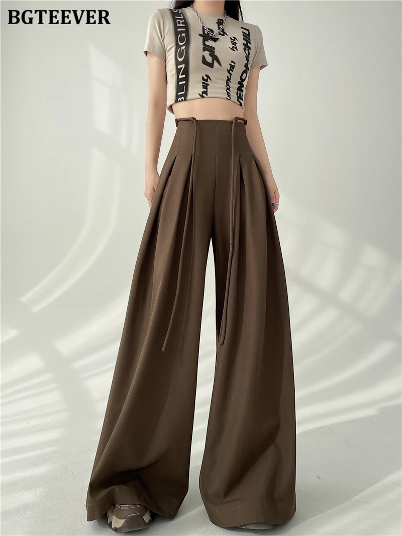 BGTEEVER Stylish Lace-up High Waist Floor-Length Suit Pants Women Spring Summer Loose Pockets Wide Leg Trousers Women