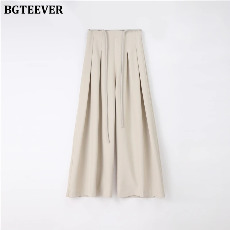 BGTEEVER Stylish Lace-up High Waist Floor-Length Suit Pants Women Spring Summer Loose Pockets Wide Leg Trousers Women