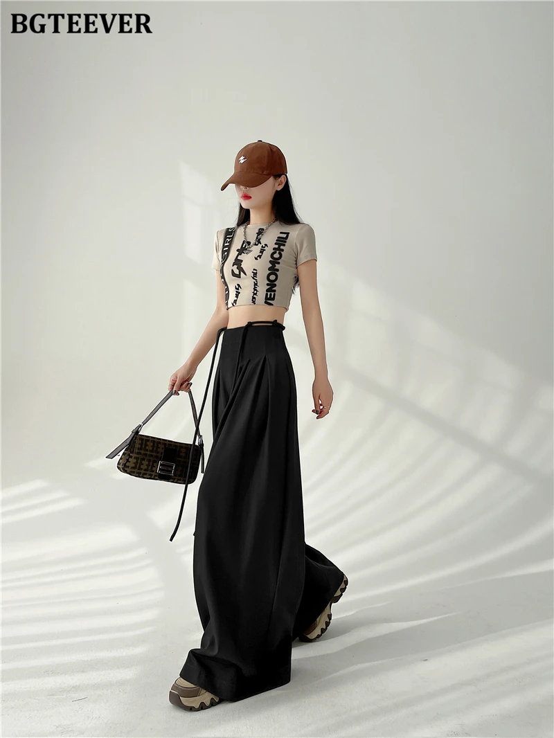 BGTEEVER Stylish Lace-up High Waist Floor-Length Suit Pants Women Spring Summer Loose Pockets Wide Leg Trousers Women