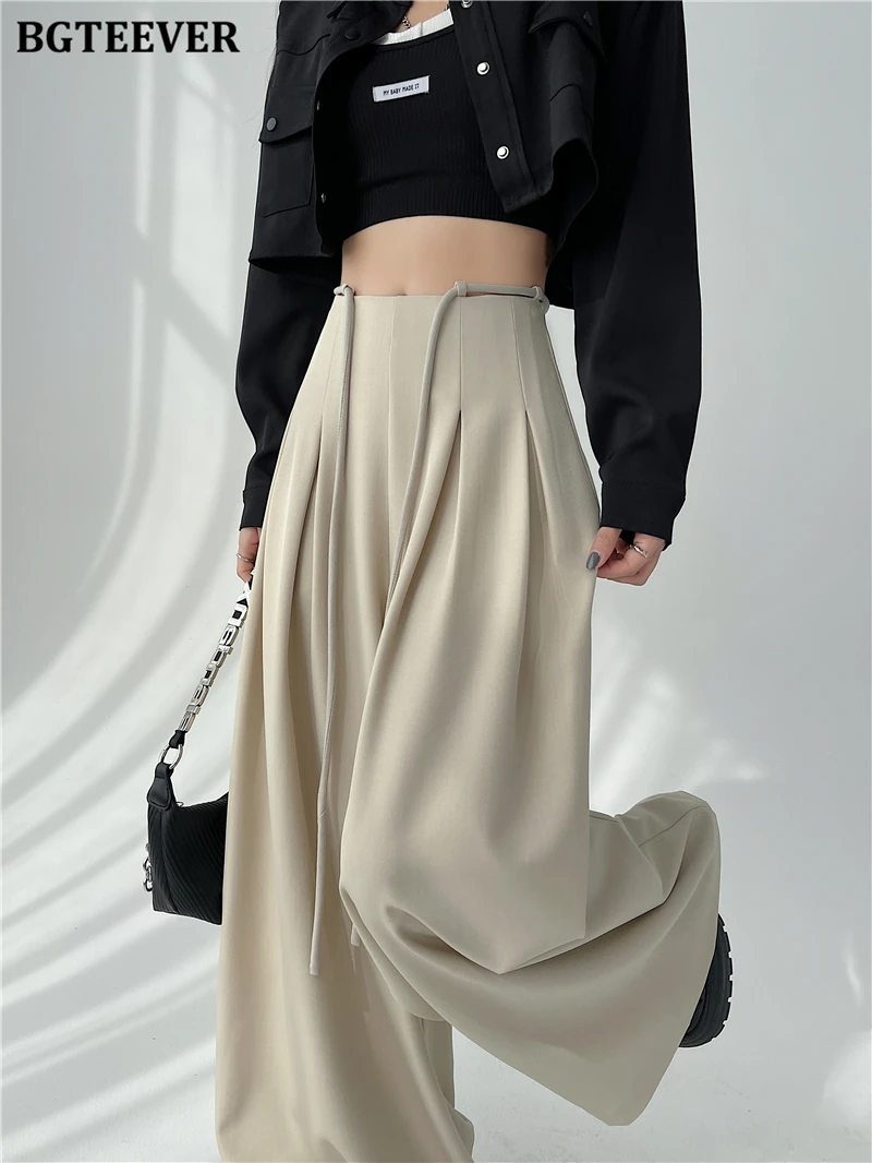 BGTEEVER Stylish Lace-up High Waist Floor-Length Suit Pants Women Spring Summer Loose Pockets Wide Leg Trousers Women