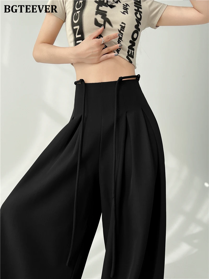 BGTEEVER Stylish Lace-up High Waist Floor-Length Suit Pants Women Spring Summer Loose Pockets Wide Leg Trousers Women