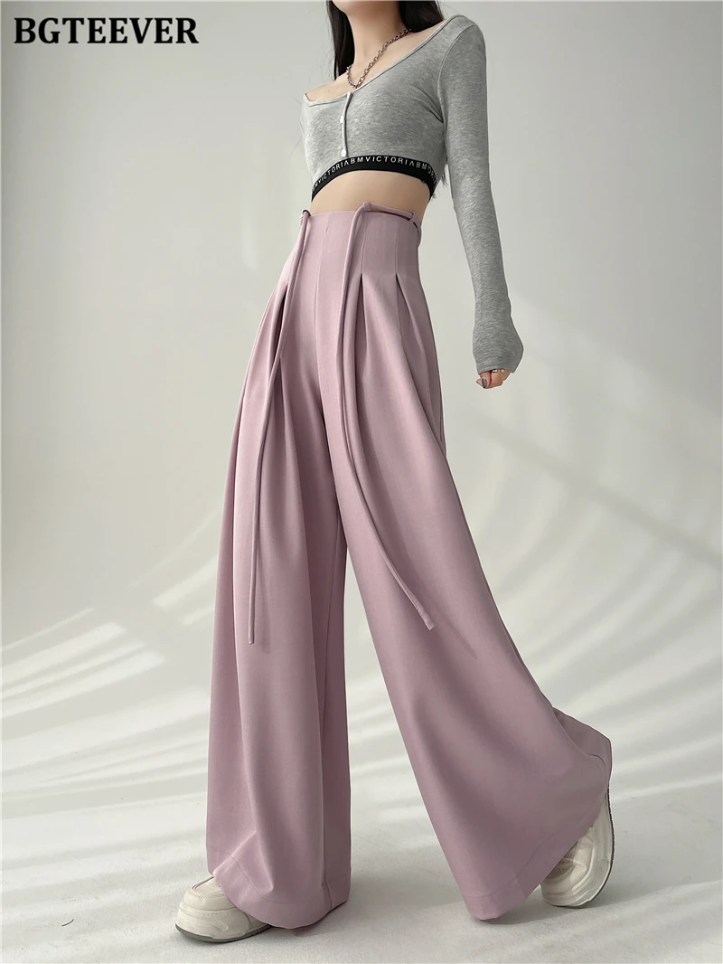 BGTEEVER Stylish Lace-up High Waist Floor-Length Suit Pants Women Spring Summer Loose Pockets Wide Leg Trousers Women