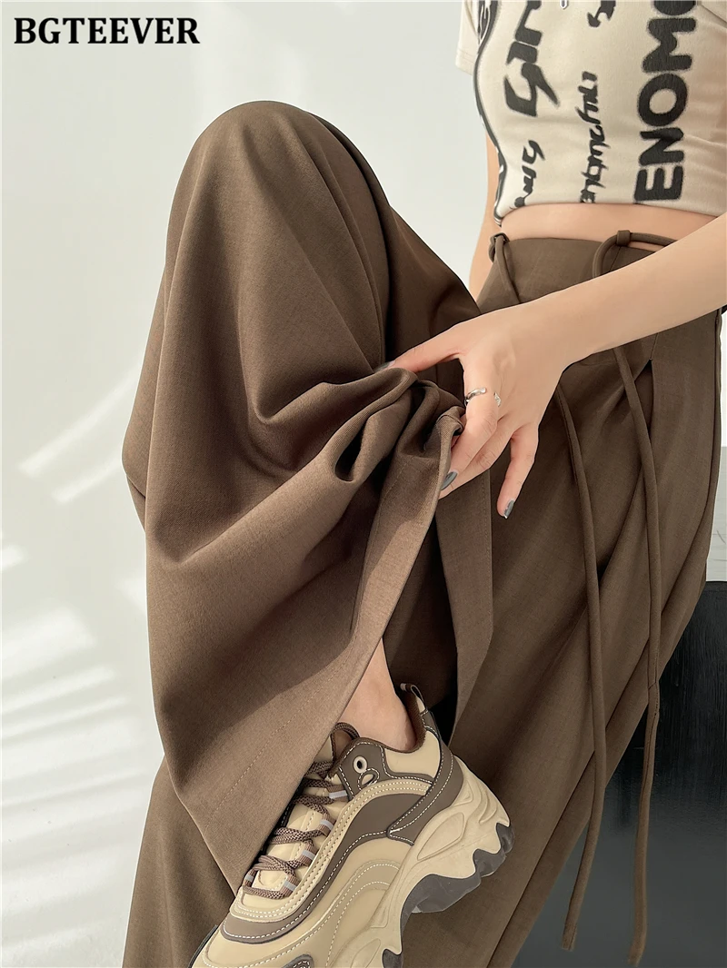 BGTEEVER Stylish Lace-up High Waist Floor-Length Suit Pants Women Spring Summer Loose Pockets Wide Leg Trousers Women