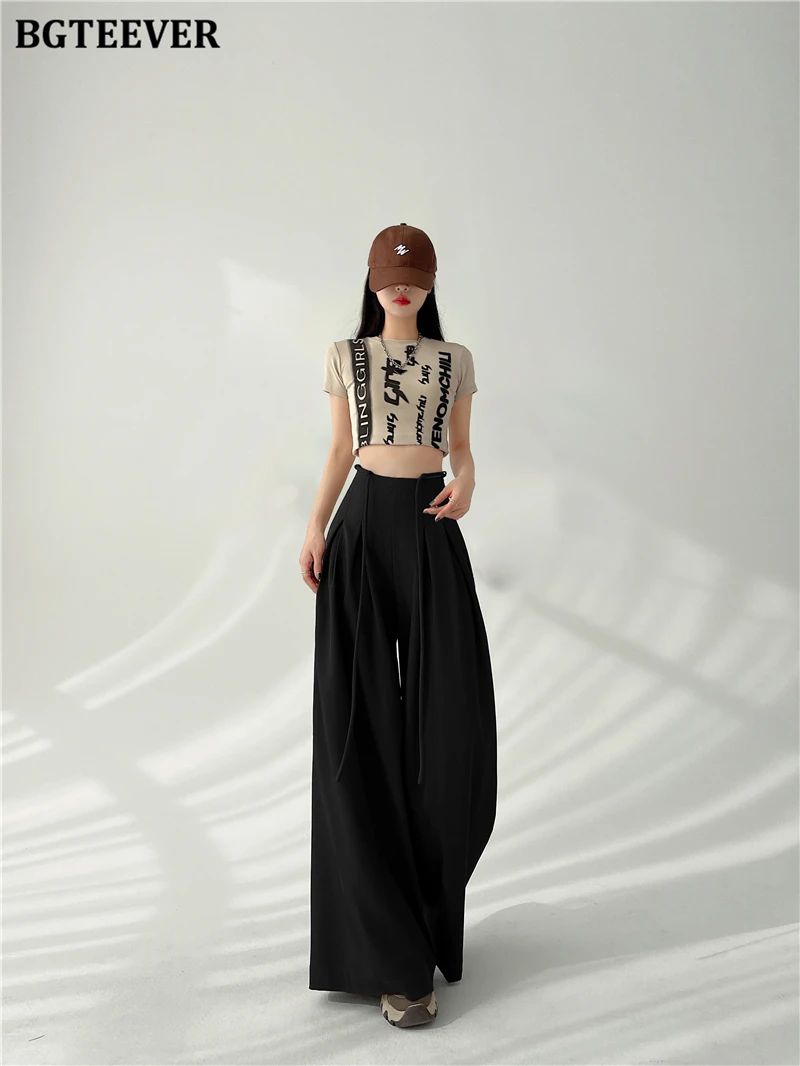 BGTEEVER Stylish Lace-up High Waist Floor-Length Suit Pants Women Spring Summer Loose Pockets Wide Leg Trousers Women