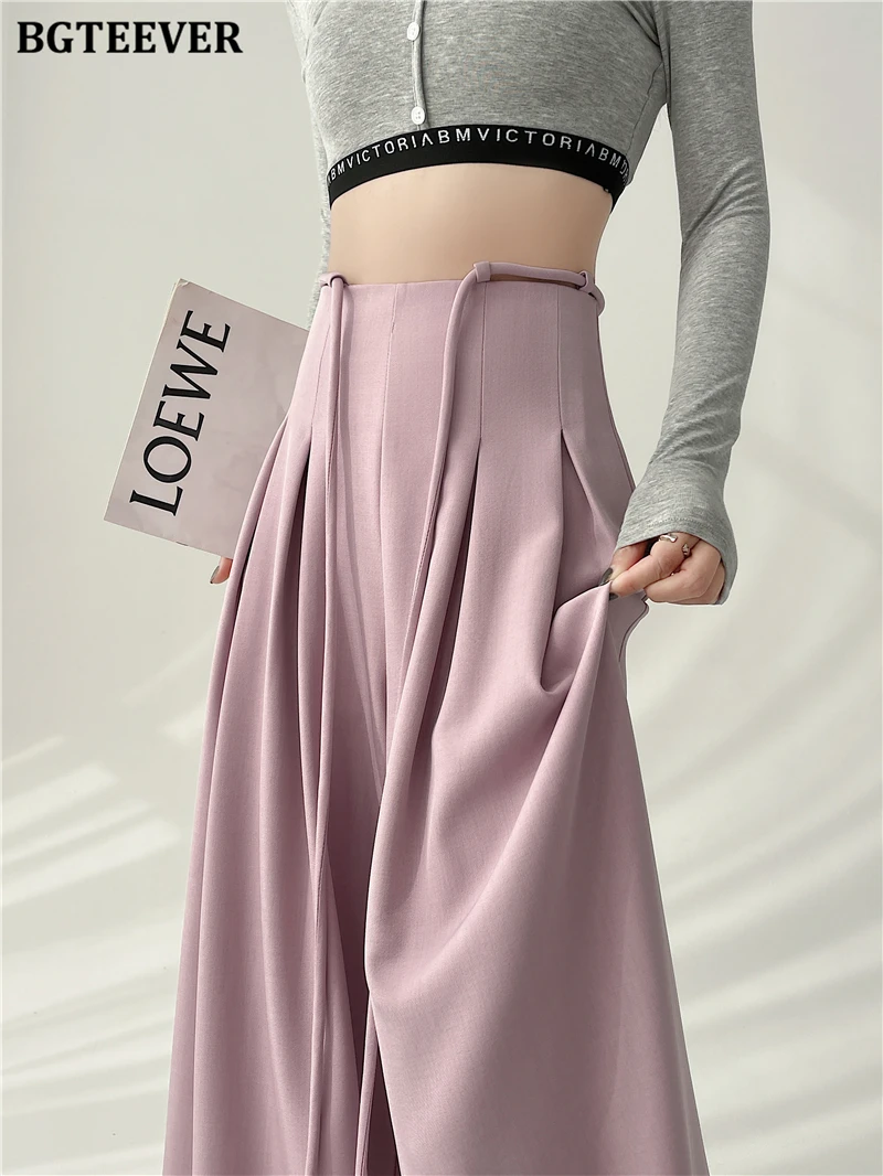 BGTEEVER Stylish Lace-up High Waist Floor-Length Suit Pants Women Spring Summer Loose Pockets Wide Leg Trousers Women