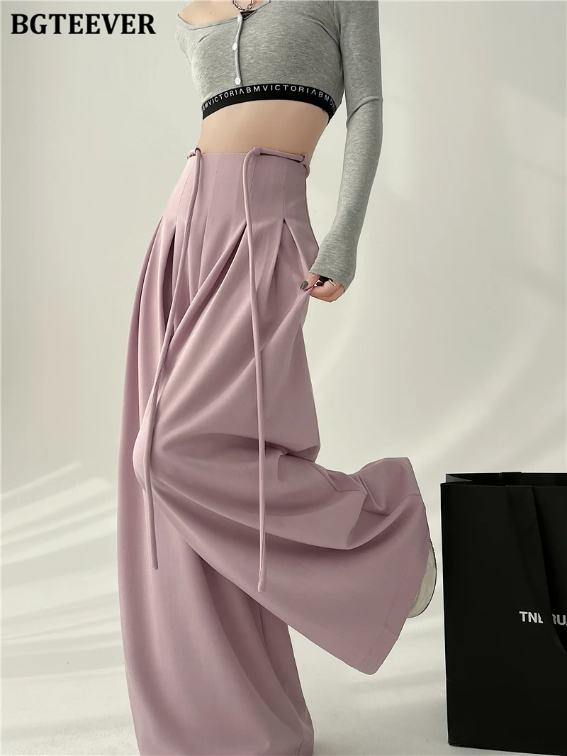 BGTEEVER Stylish Lace-up High Waist Floor-Length Suit Pants Women Spring Summer Loose Pockets Wide Leg Trousers Women