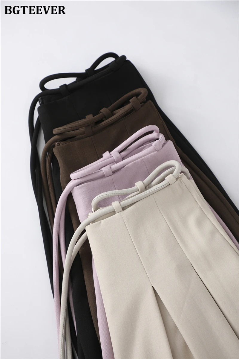 BGTEEVER Stylish Lace-up High Waist Floor-Length Suit Pants Women Spring Summer Loose Pockets Wide Leg Trousers Women