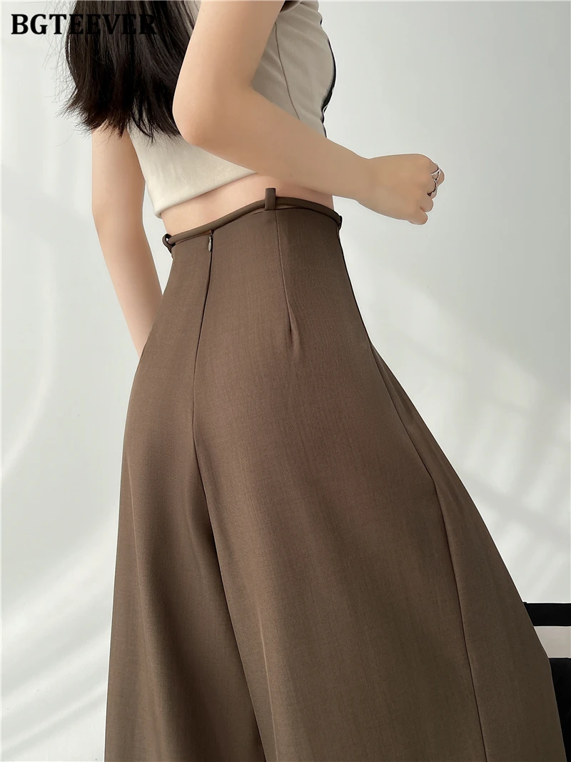 BGTEEVER Stylish Lace-up High Waist Floor-Length Suit Pants Women Spring Summer Loose Pockets Wide Leg Trousers Women