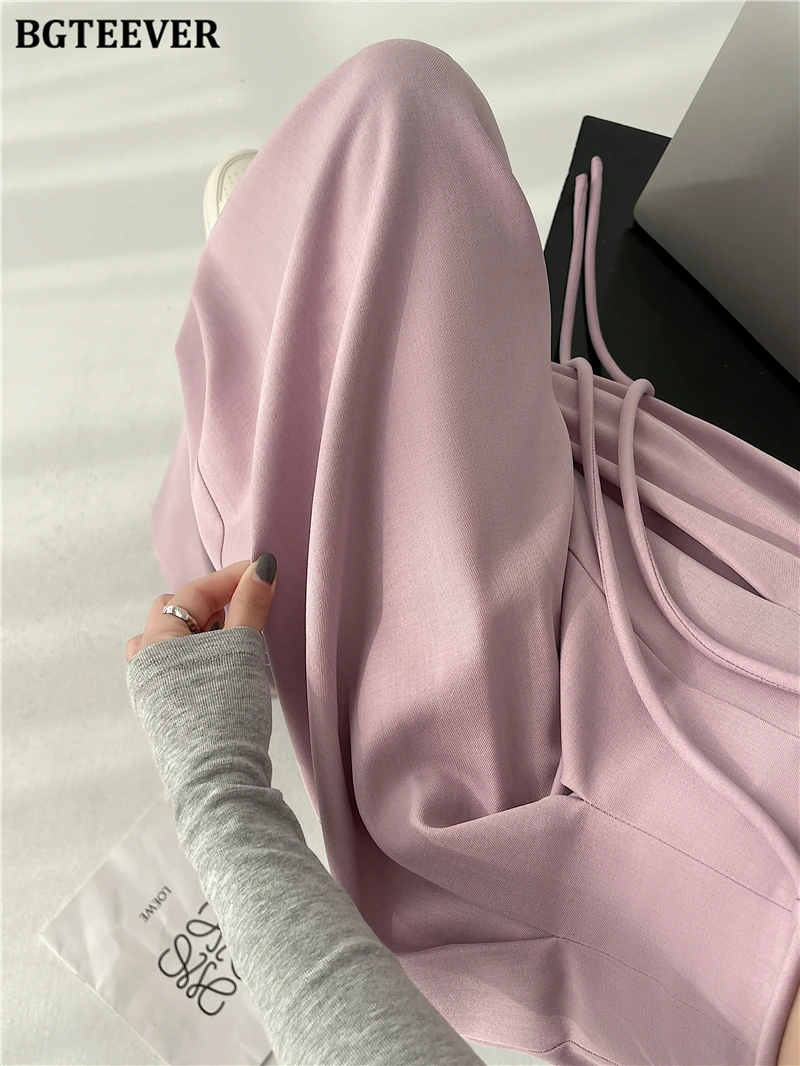 BGTEEVER Stylish Lace-up High Waist Floor-Length Suit Pants Women Spring Summer Loose Pockets Wide Leg Trousers Women
