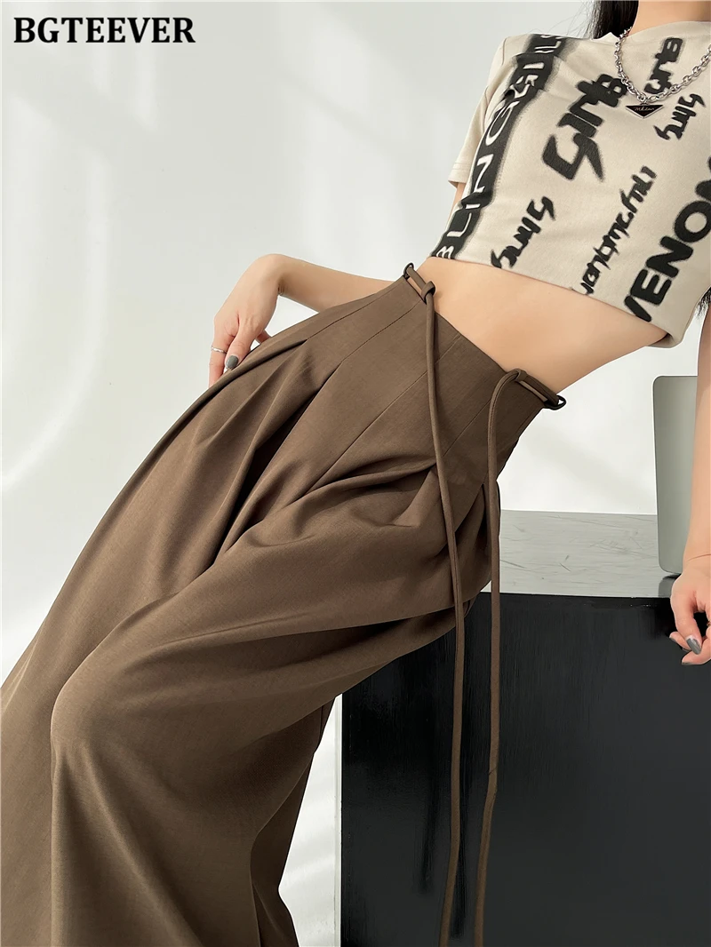 BGTEEVER Stylish Lace-up High Waist Floor-Length Suit Pants Women Spring Summer Loose Pockets Wide Leg Trousers Women