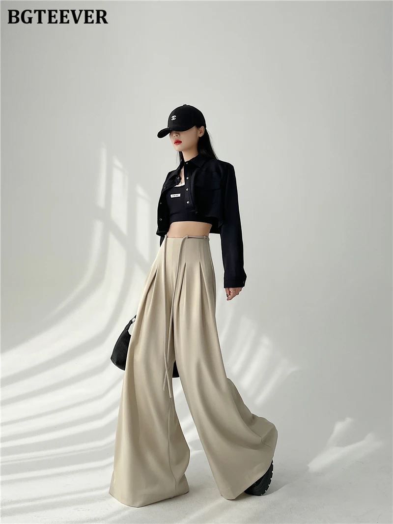 BGTEEVER Stylish Lace-up High Waist Floor-Length Suit Pants Women Spring Summer Loose Pockets Wide Leg Trousers Women