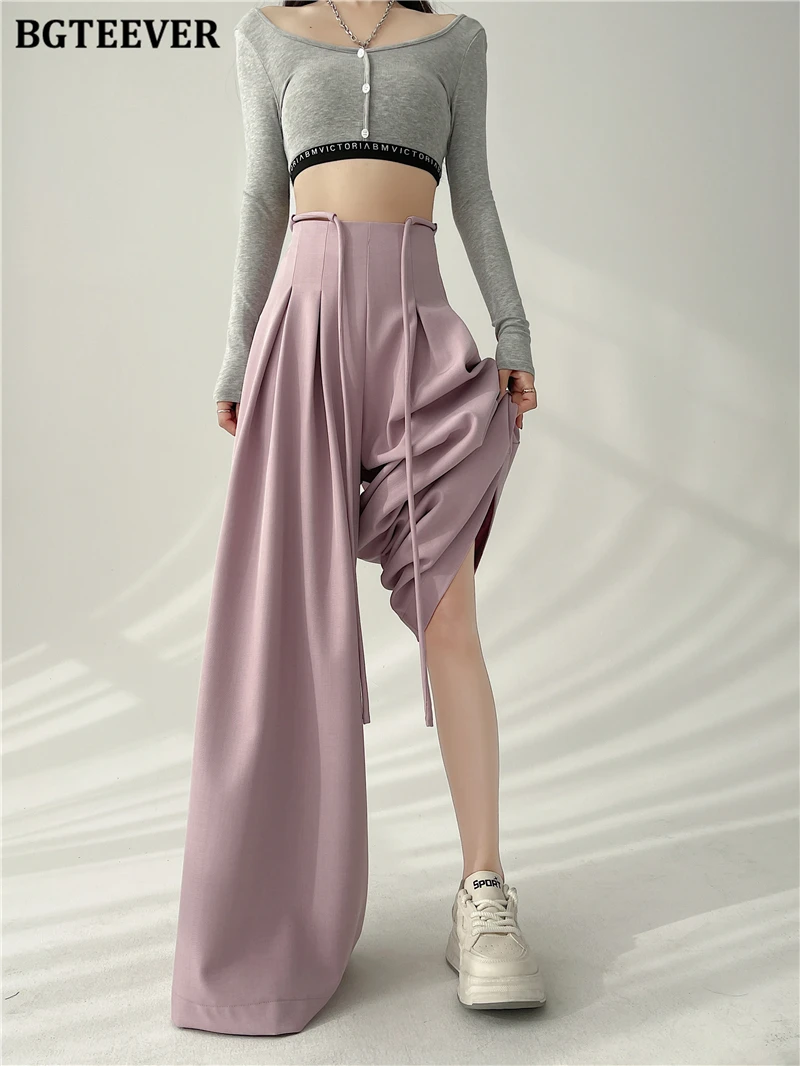 BGTEEVER Stylish Lace-up High Waist Floor-Length Suit Pants Women Spring Summer Loose Pockets Wide Leg Trousers Women