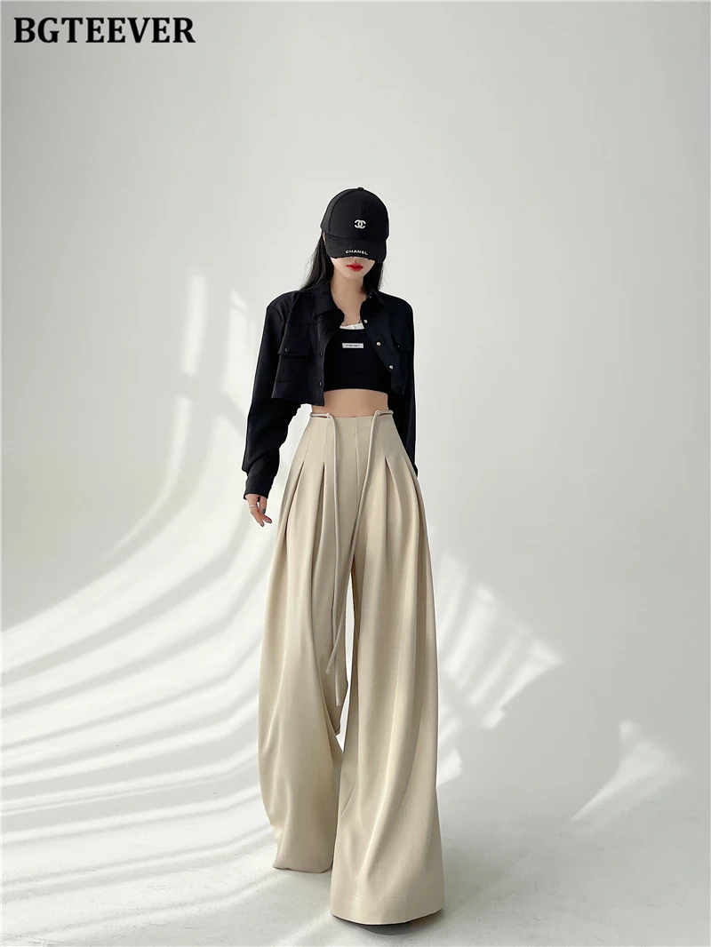 BGTEEVER Stylish Lace-up High Waist Floor-Length Suit Pants Women Spring Summer Loose Pockets Wide Leg Trousers Women