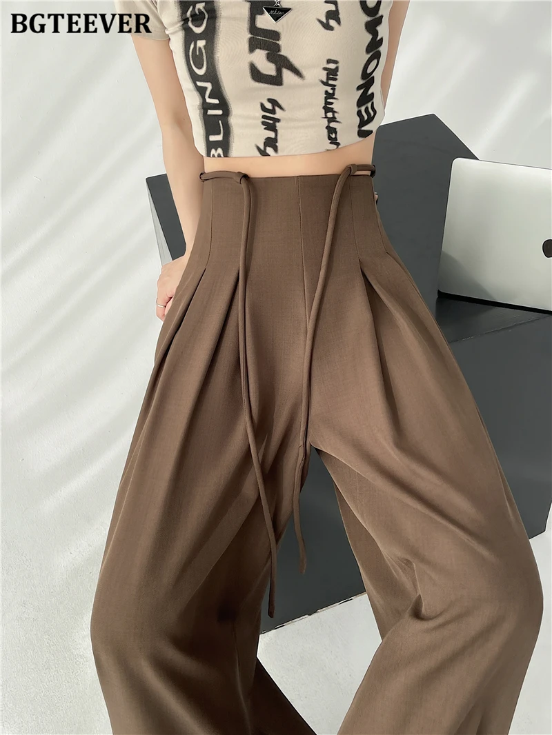 BGTEEVER Stylish Lace-up High Waist Floor-Length Suit Pants Women Spring Summer Loose Pockets Wide Leg Trousers Women