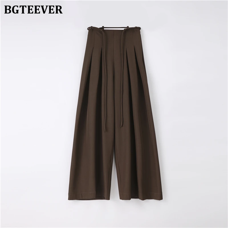 BGTEEVER Stylish Lace-up High Waist Floor-Length Suit Pants Women Spring Summer Loose Pockets Wide Leg Trousers Women