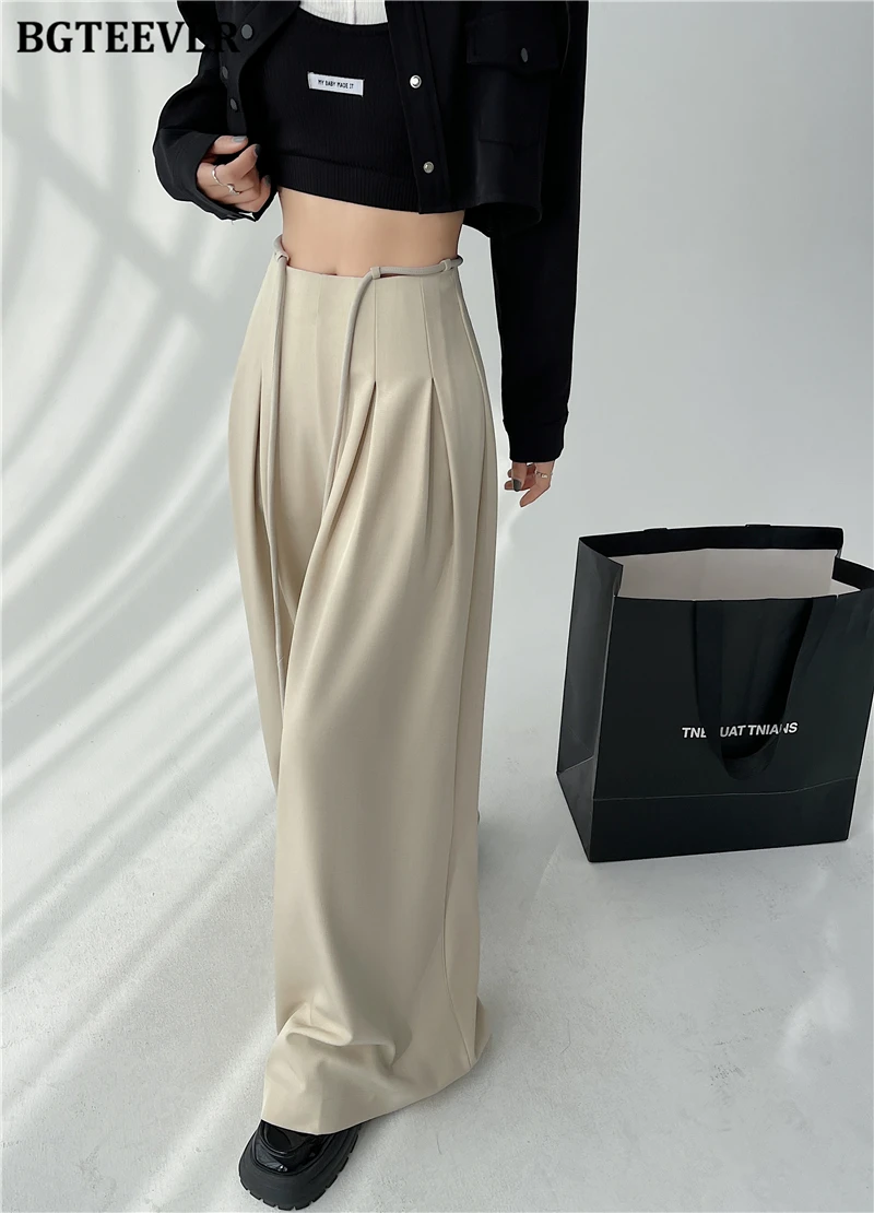 BGTEEVER Stylish Lace-up High Waist Floor-Length Suit Pants Women Spring Summer Loose Pockets Wide Leg Trousers Women