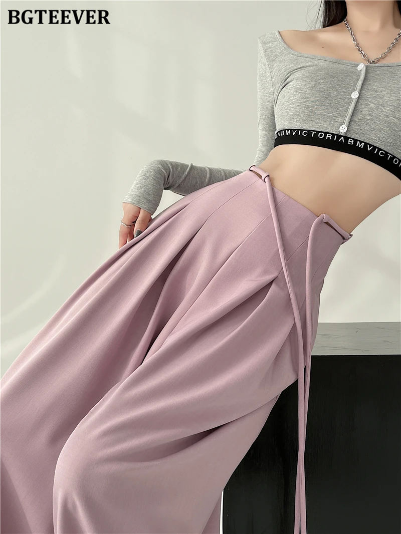BGTEEVER Stylish Lace-up High Waist Floor-Length Suit Pants Women Spring Summer Loose Pockets Wide Leg Trousers Women