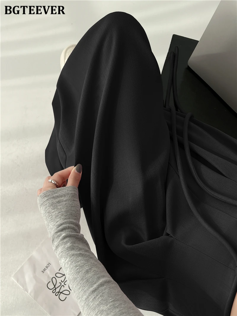 BGTEEVER Stylish Lace-up High Waist Floor-Length Suit Pants Women Spring Summer Loose Pockets Wide Leg Trousers Women