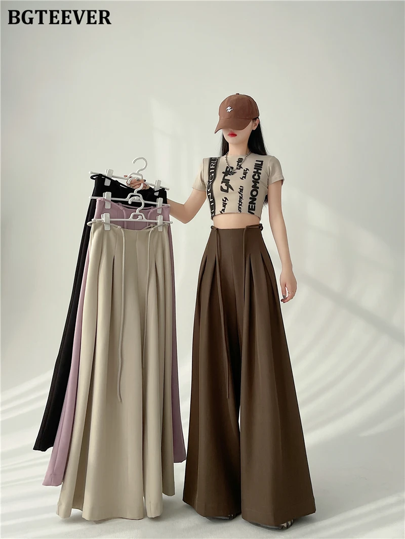 BGTEEVER Stylish Lace-up High Waist Floor-Length Suit Pants Women Spring Summer Loose Pockets Wide Leg Trousers Women