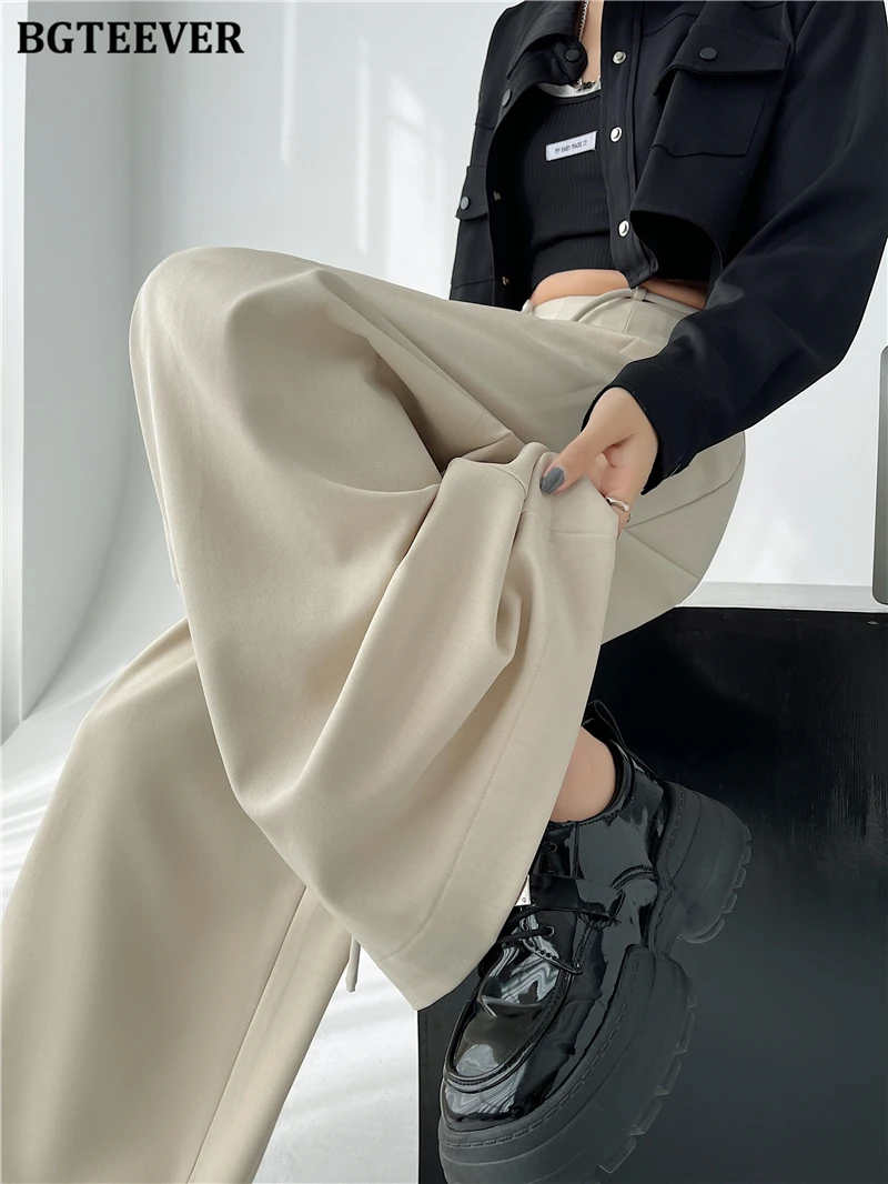 BGTEEVER Stylish Lace-up High Waist Floor-Length Suit Pants Women Spring Summer Loose Pockets Wide Leg Trousers Women