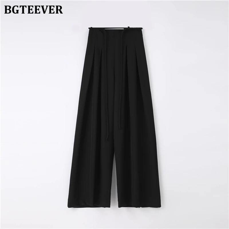 BGTEEVER Stylish Lace-up High Waist Floor-Length Suit Pants Women Spring Summer Loose Pockets Wide Leg Trousers Women