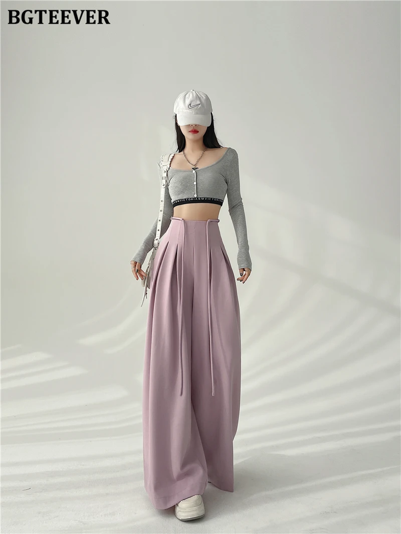 BGTEEVER Stylish Lace-up High Waist Floor-Length Suit Pants Women Spring Summer Loose Pockets Wide Leg Trousers Women