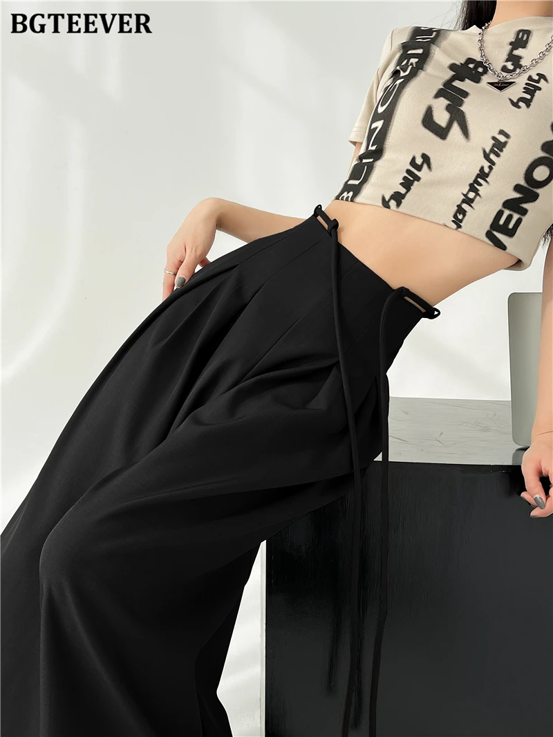 BGTEEVER Stylish Lace-up High Waist Floor-Length Suit Pants Women Spring Summer Loose Pockets Wide Leg Trousers Women