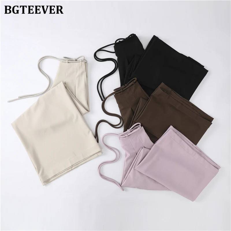 BGTEEVER Stylish Lace-up High Waist Floor-Length Suit Pants Women Spring Summer Loose Pockets Wide Leg Trousers Women
