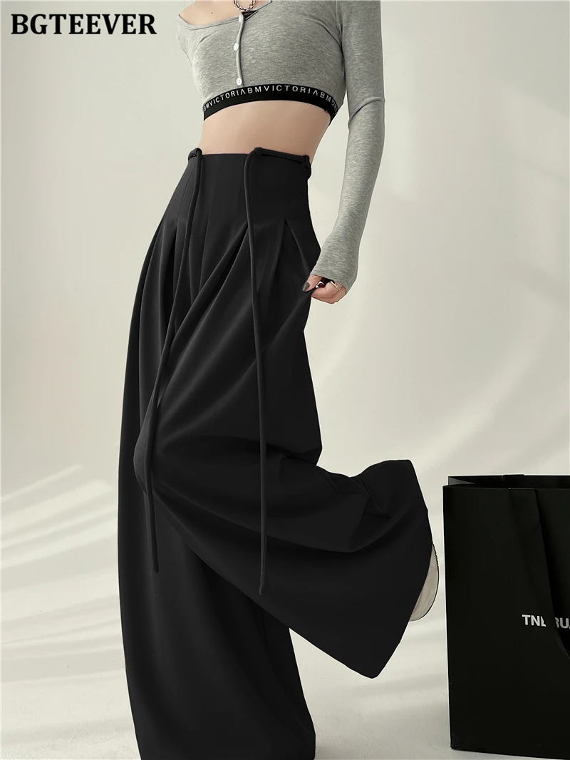 BGTEEVER Stylish Lace-up High Waist Floor-Length Suit Pants Women Spring Summer Loose Pockets Wide Leg Trousers Women