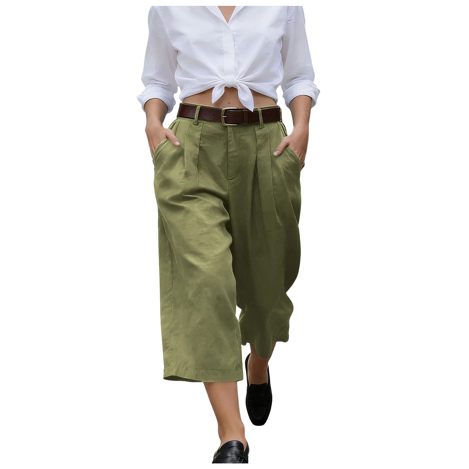 Women's High Waist Pleated Linen Culottes Wide Leg Cropped Trousers With Pockets Casual Office Lady Loose Fit Straight Leg Pants