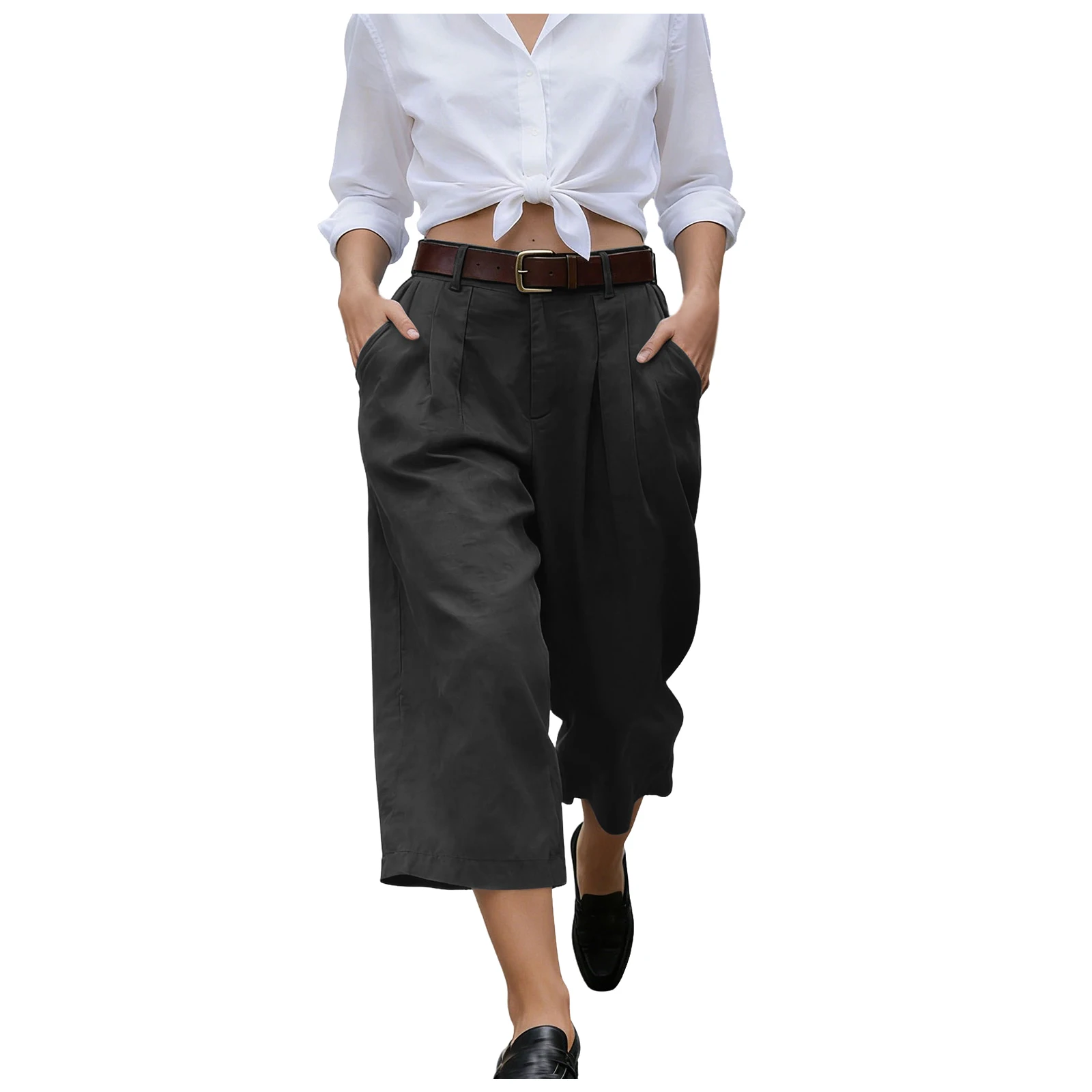 Women's High Waist Pleated Linen Culottes Wide Leg Cropped Trousers With Pockets Casual Office Lady Loose Fit Straight Leg Pants