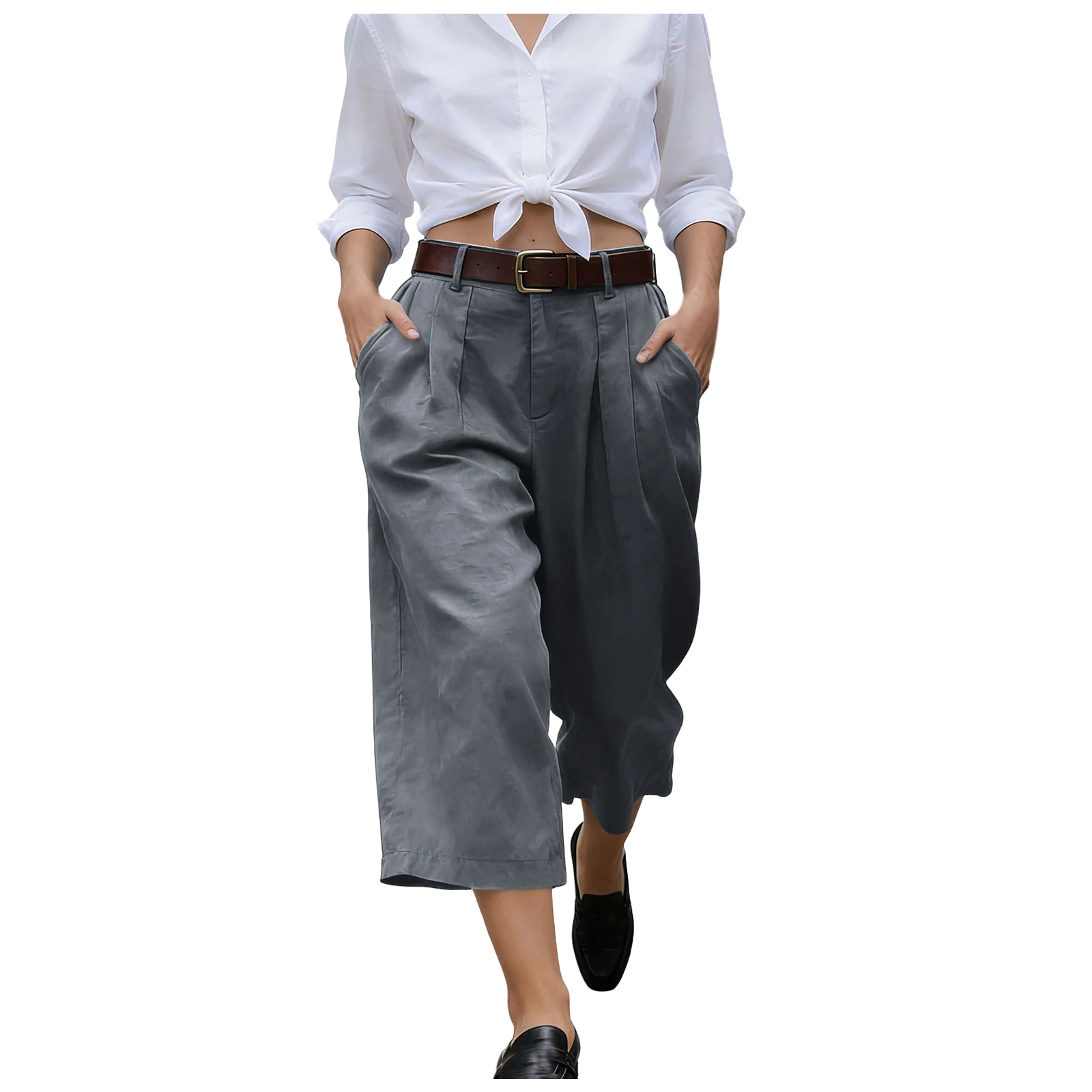 Women's High Waist Pleated Linen Culottes Wide Leg Cropped Trousers With Pockets Casual Office Lady Loose Fit Straight Leg Pants