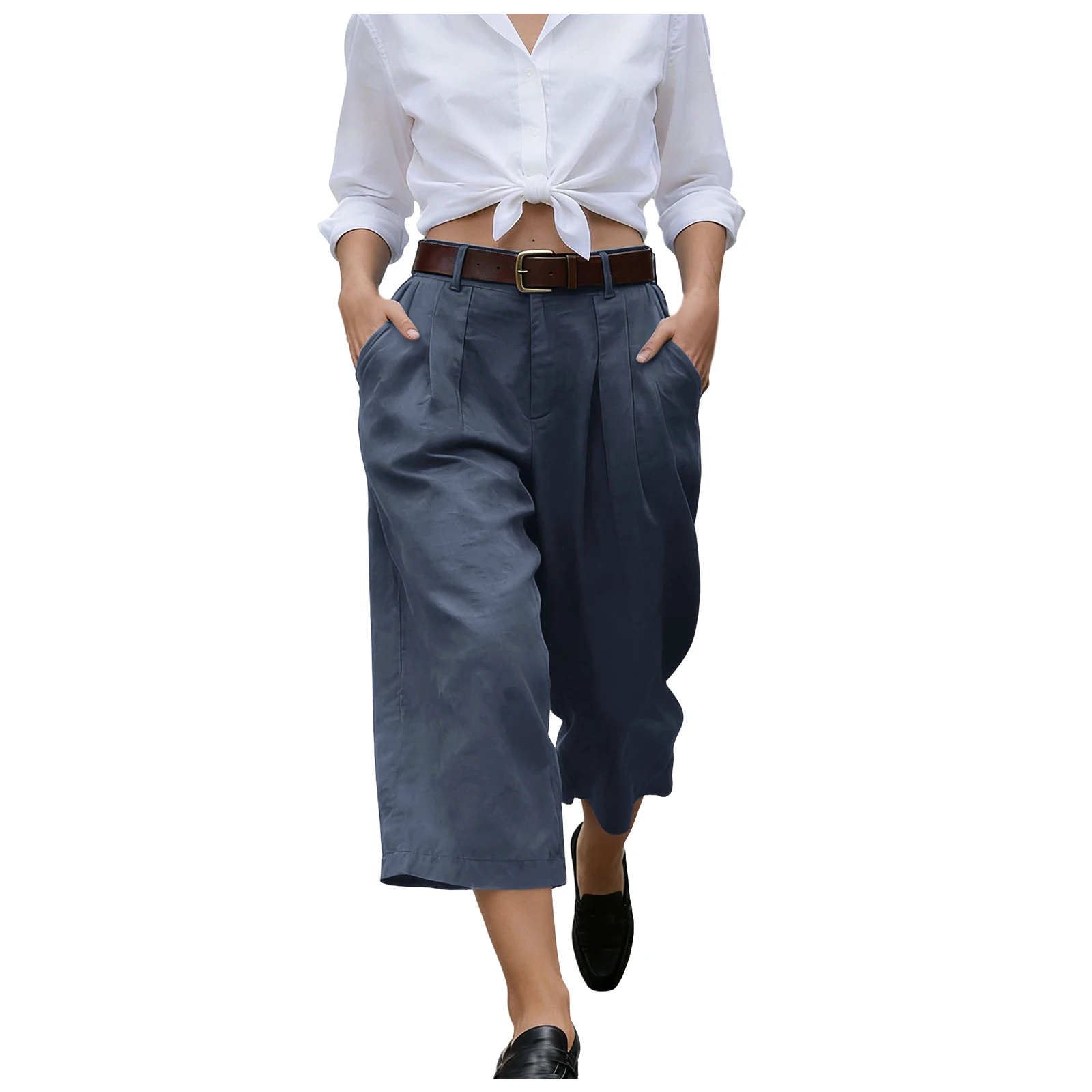 Women's High Waist Pleated Linen Culottes Wide Leg Cropped Trousers With Pockets Casual Office Lady Loose Fit Straight Leg Pants