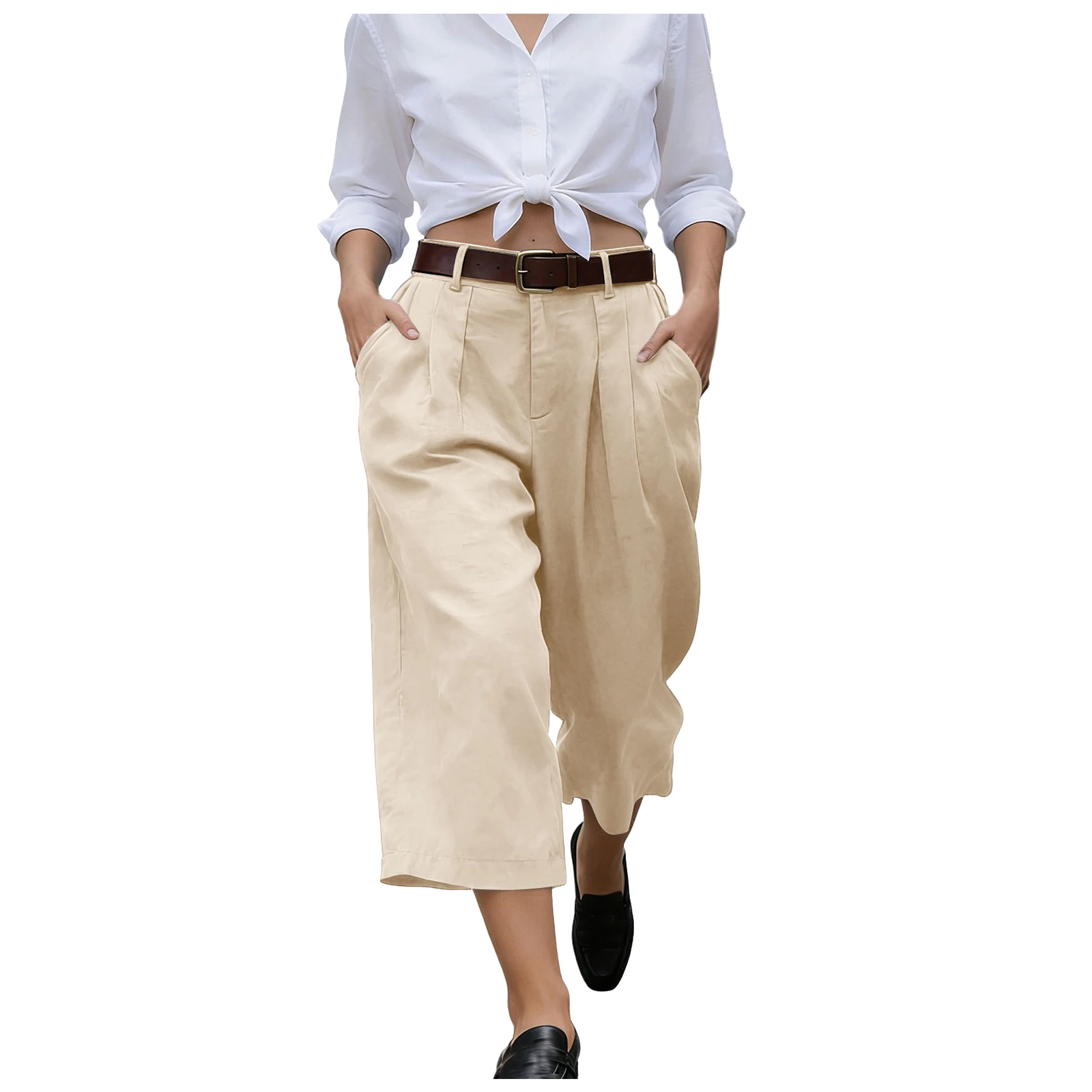 Women's High Waist Pleated Linen Culottes Wide Leg Cropped Trousers With Pockets Casual Office Lady Loose Fit Straight Leg Pants