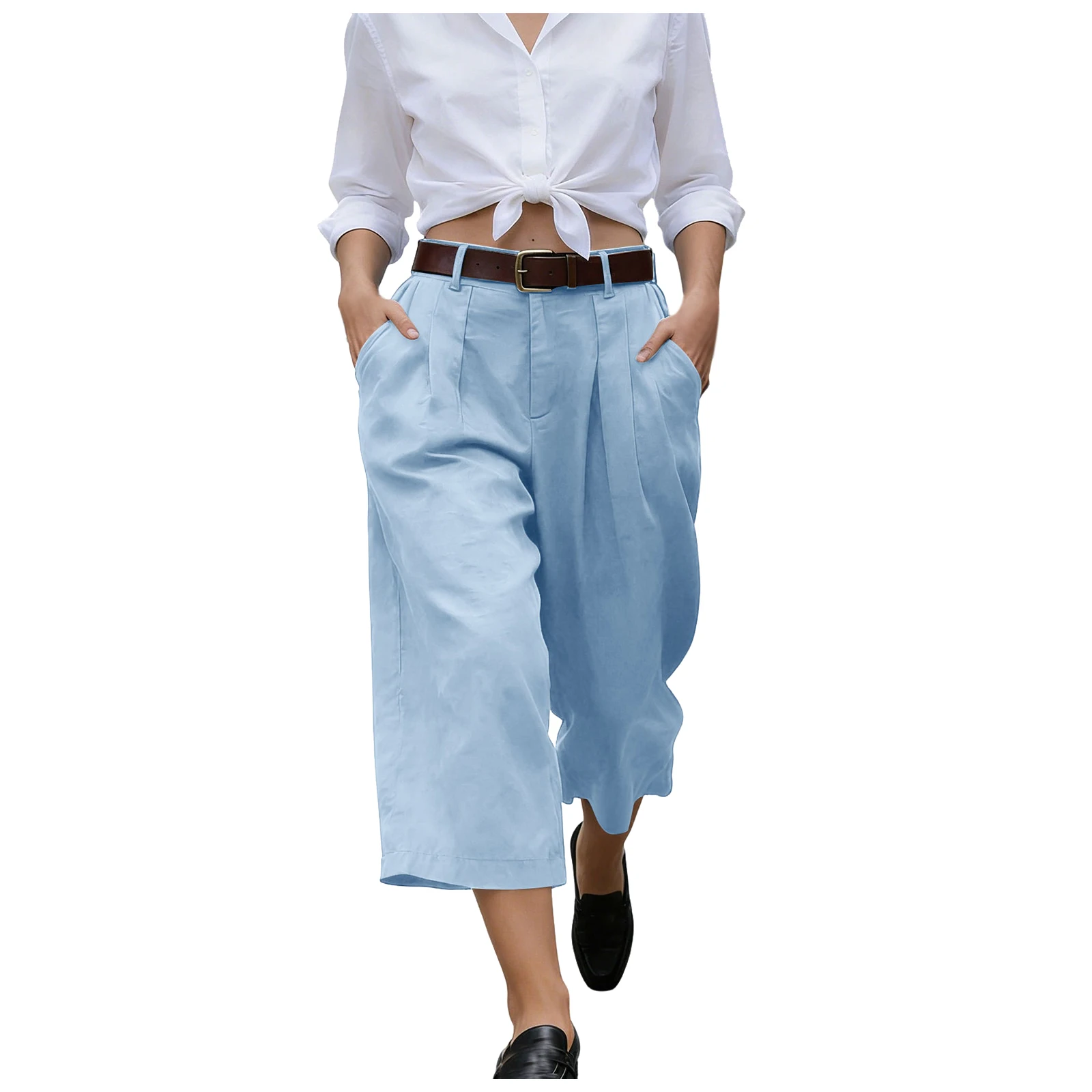 Women's High Waist Pleated Linen Culottes Wide Leg Cropped Trousers With Pockets Casual Office Lady Loose Fit Straight Leg Pants