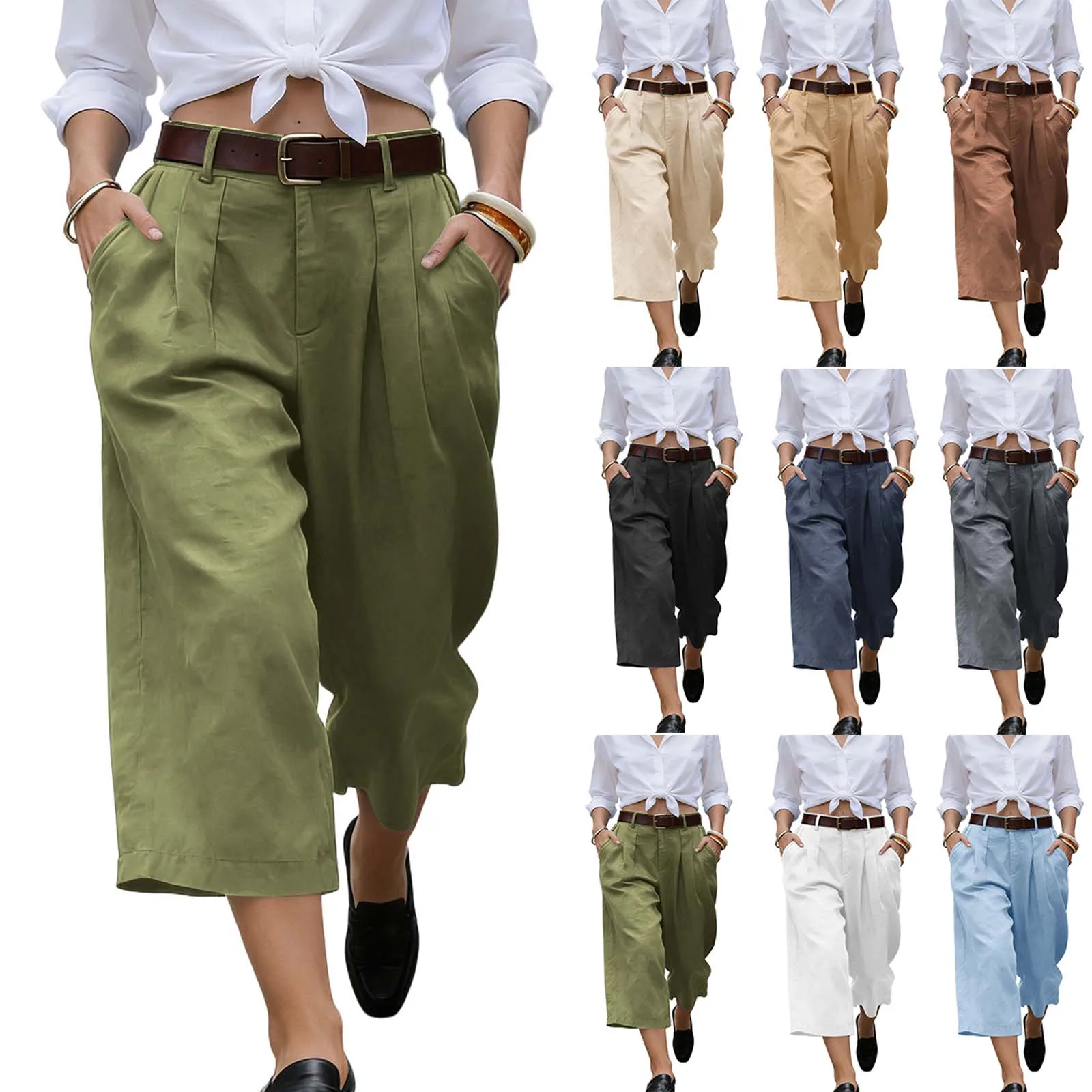 Women's High Waist Pleated Linen Culottes Wide Leg Cropped Trousers With Pockets Casual Office Lady Loose Fit Straight Leg Pants
