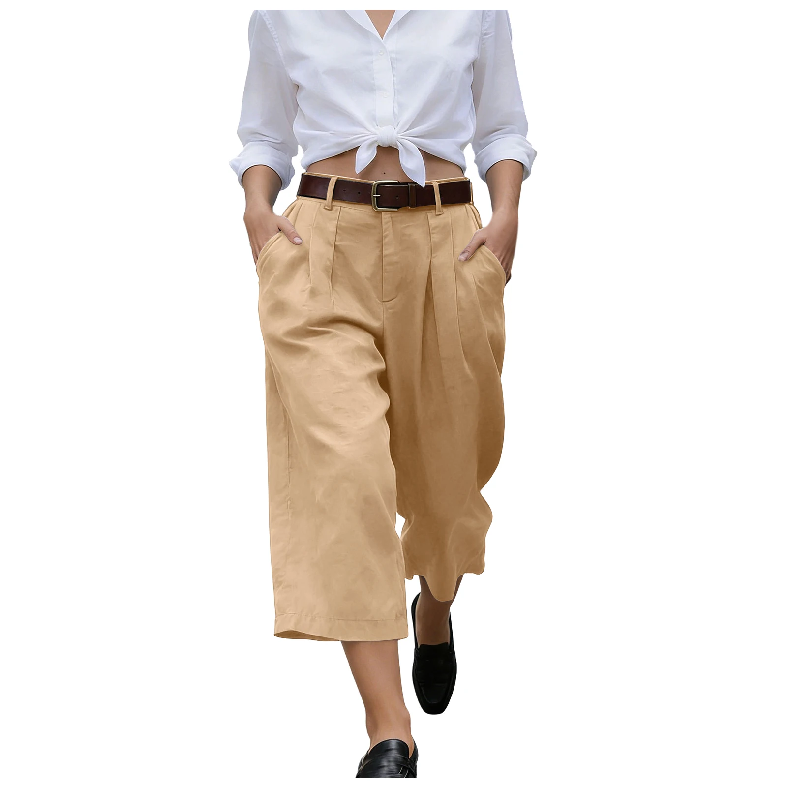 Women's High Waist Pleated Linen Culottes Wide Leg Cropped Trousers With Pockets Casual Office Lady Loose Fit Straight Leg Pants