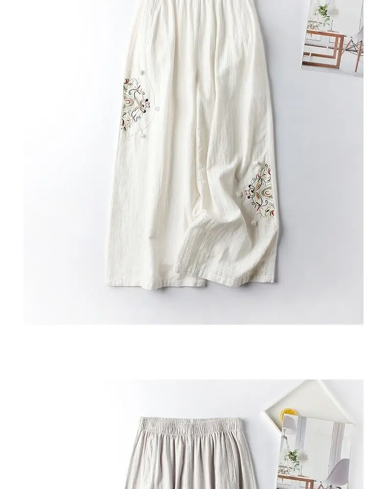 Women Casual Straight Pants Cotton Blended Female Trousers 2025 Flower Embroidery Loose Wide Leg Pants For Women Pantalon Femme