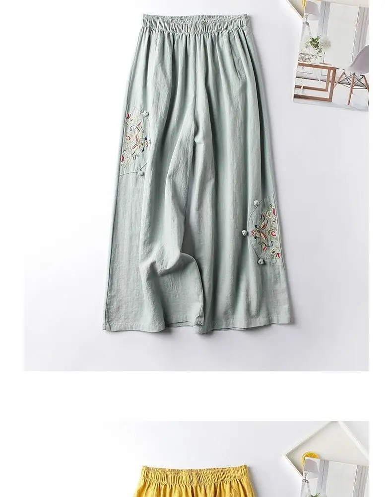 Women Casual Straight Pants Cotton Blended Female Trousers 2025 Flower Embroidery Loose Wide Leg Pants For Women Pantalon Femme