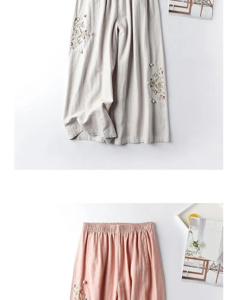 Women Casual Straight Pants Cotton Blended Female Trousers 2025 Flower Embroidery Loose Wide Leg Pants For Women Pantalon Femme